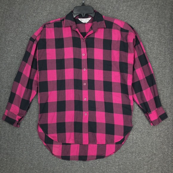 directions Tops - Vintage Directions by Brooks Womens M Pink Black Plaid Button Up Shirt Grunge